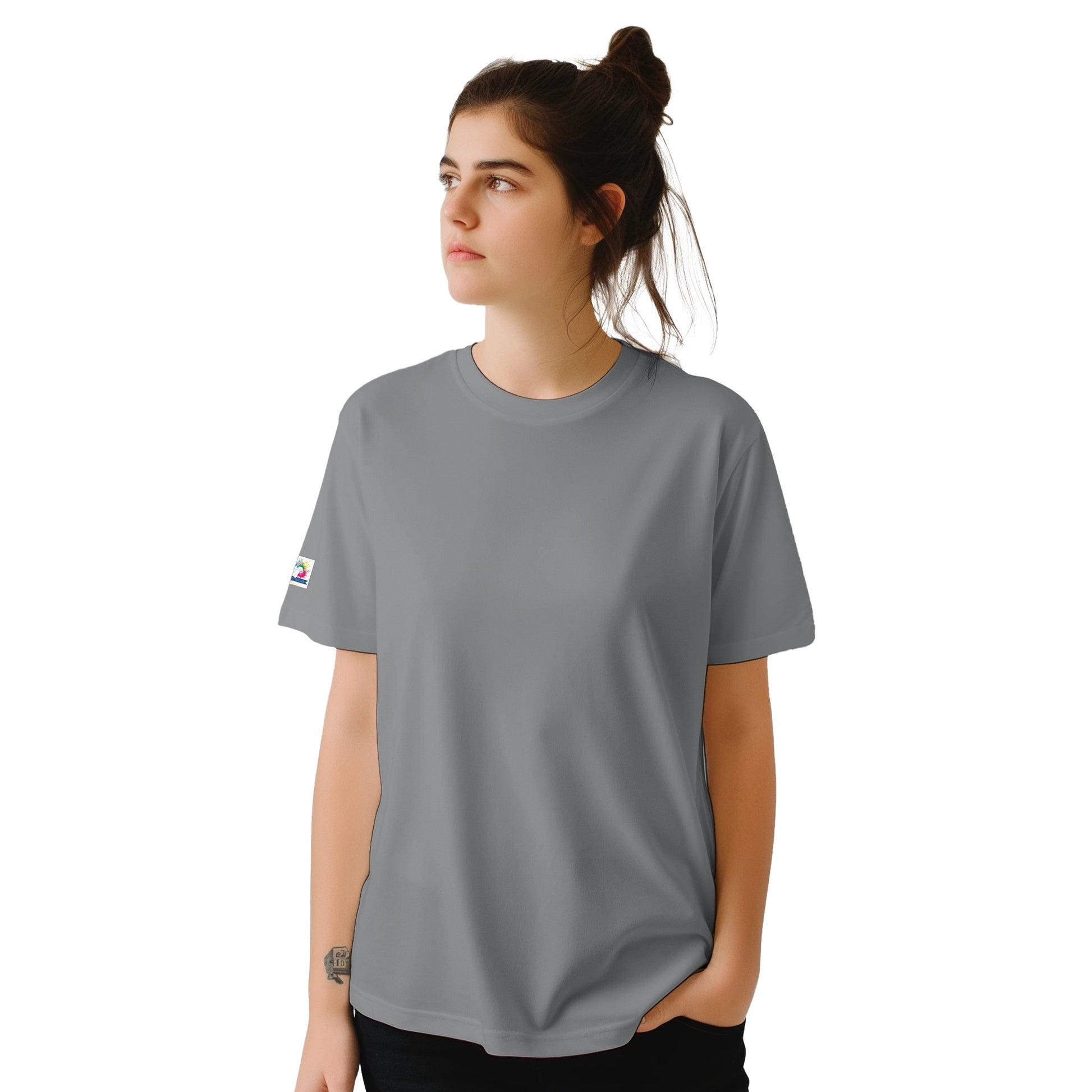 Spirit Wear blank gray t shirt mockup on female model for custom prints and Christian inspirational apparel