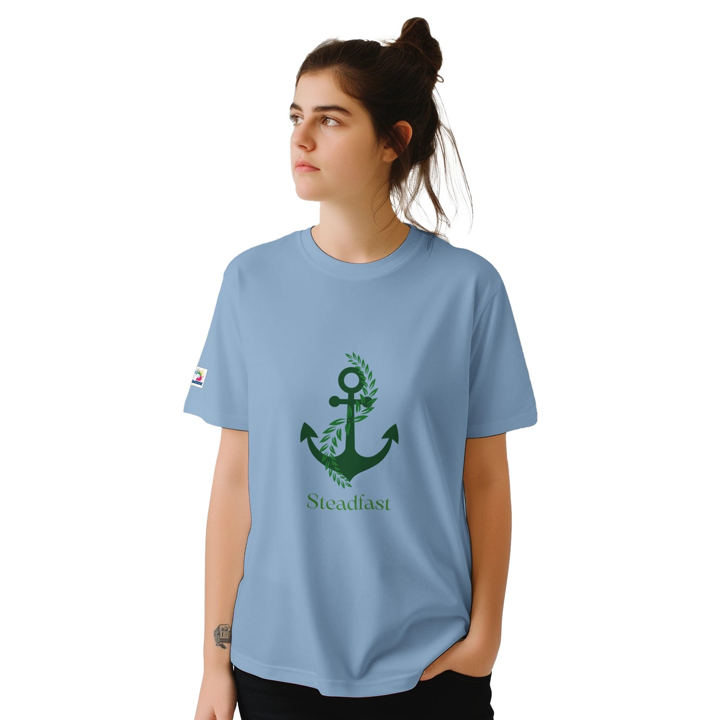 Spirit Wear print showing light blue T shirt with green anchor Steadfast design for Christian inspirational apparel