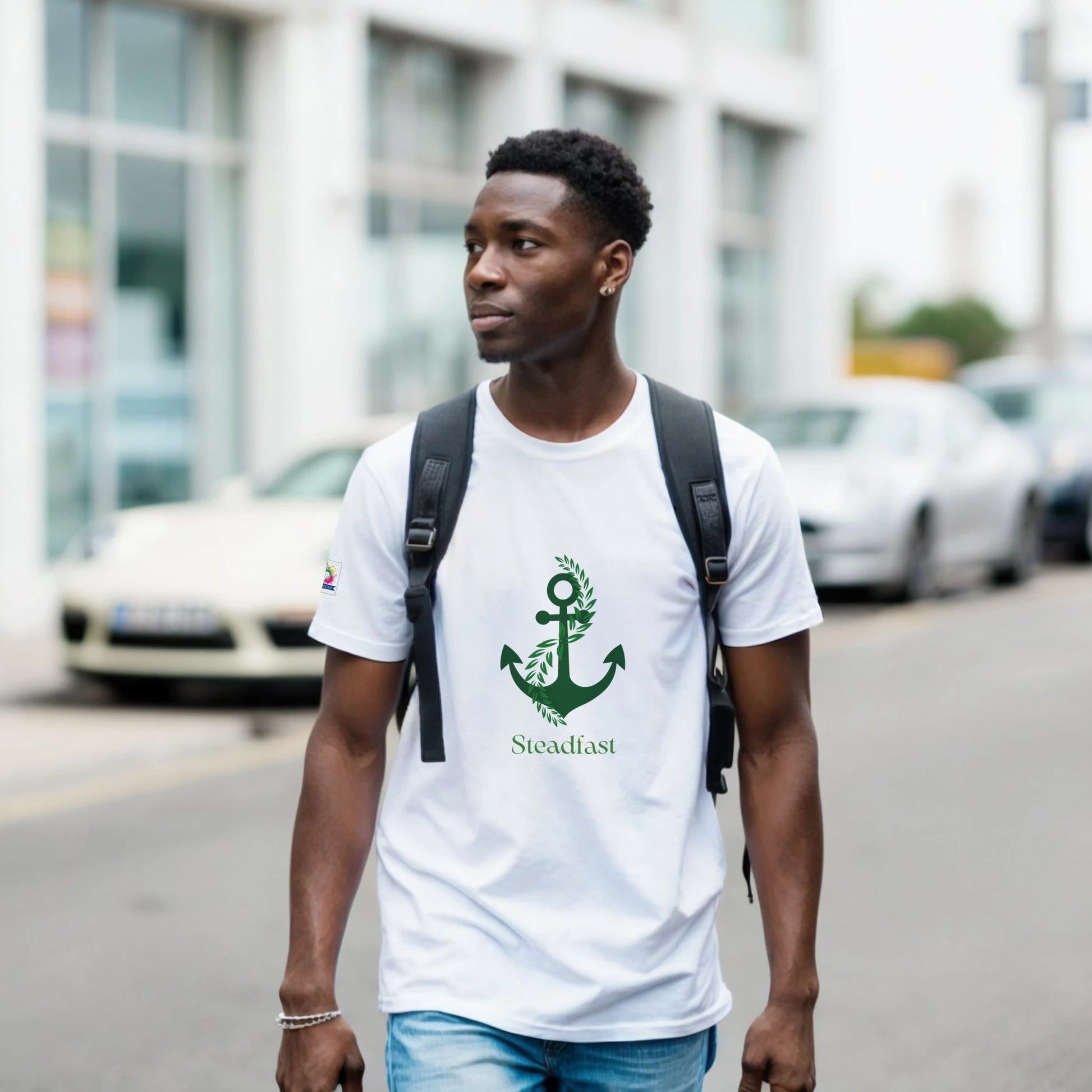 Young man walking in Spirit Wear white T shirt with green anchor Steadfast print Christian inspirational apparel