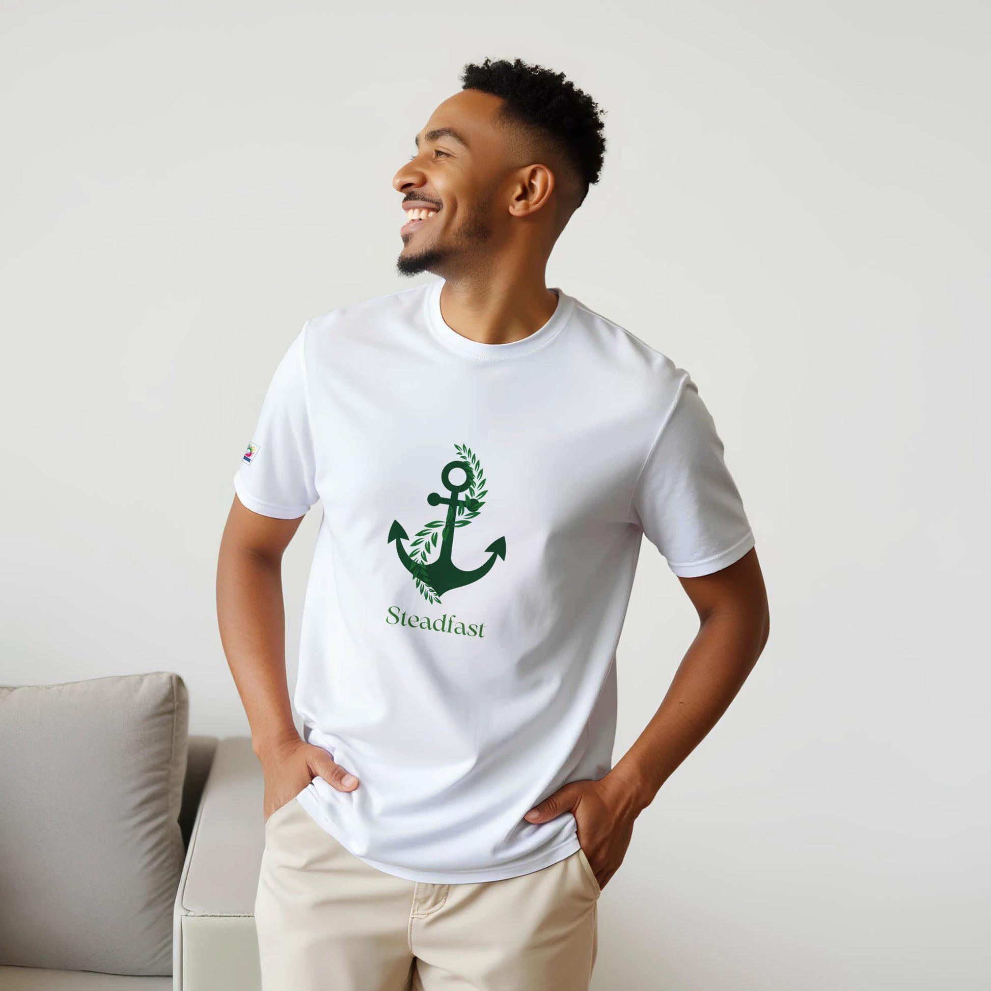 Spirit Wear white t shirt with green anchor and Steadfast print on front Christian inspirational apparel