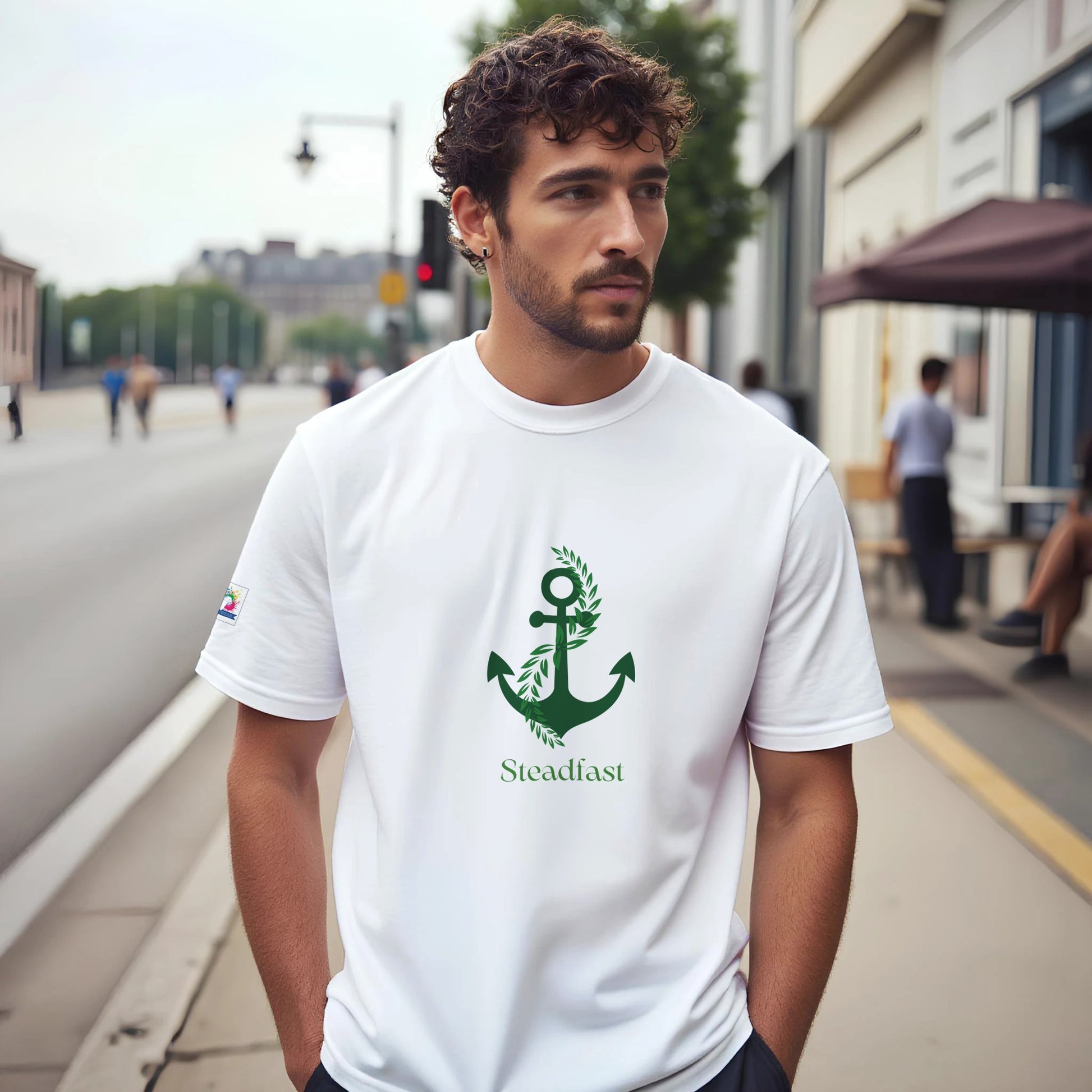 Young man wearing white Spirit Wear T shirt with green anchor Steadfast print Christian inspirational apparel