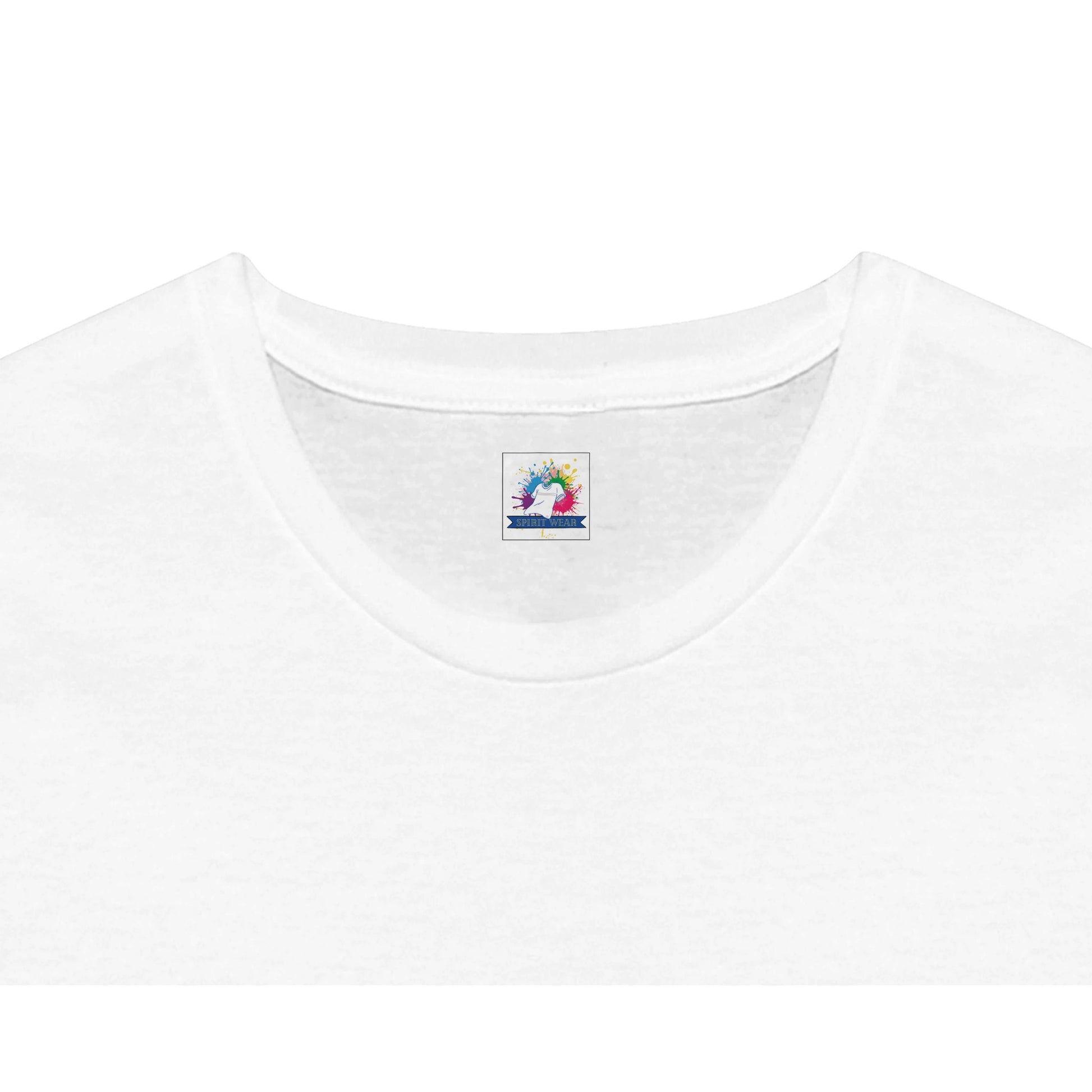 Closeup of white Spirit Wear t shirt neckline with brand tag Christian inspirational apparel product