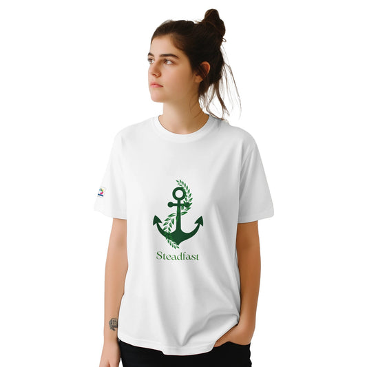Woman modeling white tee with green anchor and laurel graphic and small text Christian inspirational apparel by Spirit Wear