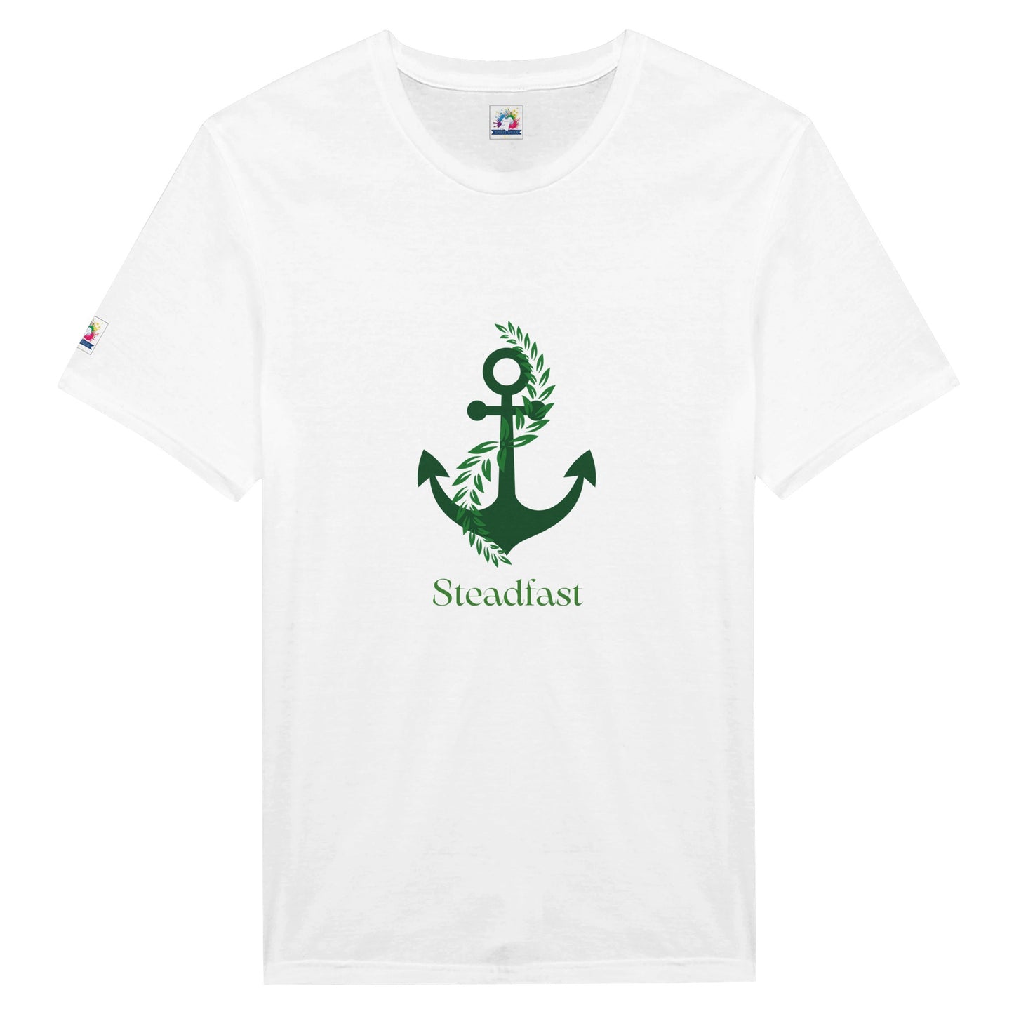 Spirit Wear white t shirt with green anchor and laurel graphic and Steadfast text Christian inspirational apparel