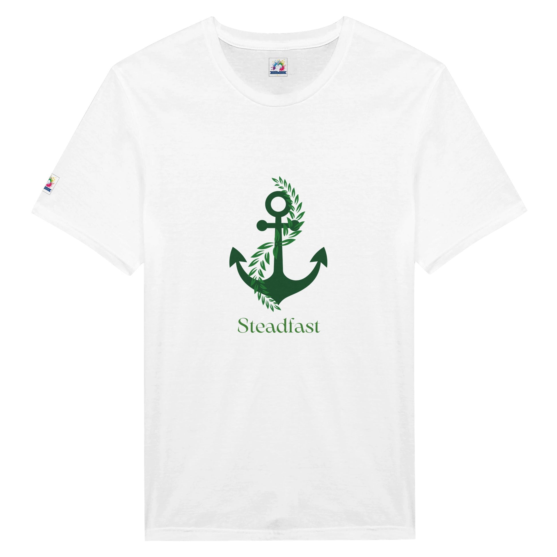 Spirit Wear white t shirt with green anchor and laurel graphic and Steadfast text Christian inspirational apparel
