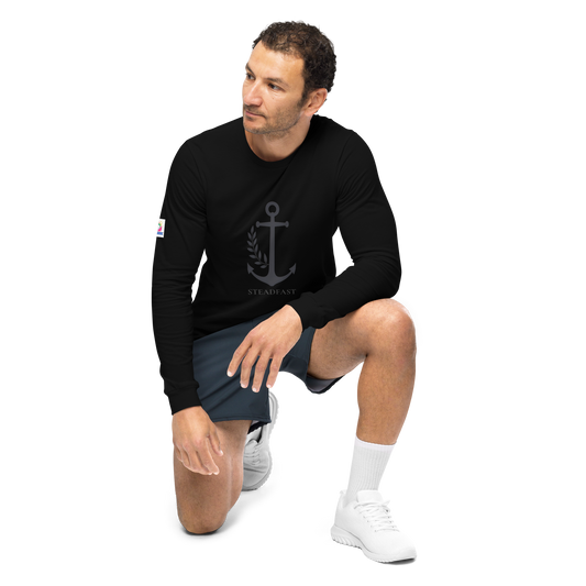 Spirit Wear model wearing inspirational long sleeve t-shirt black with anchor logo kneeling
