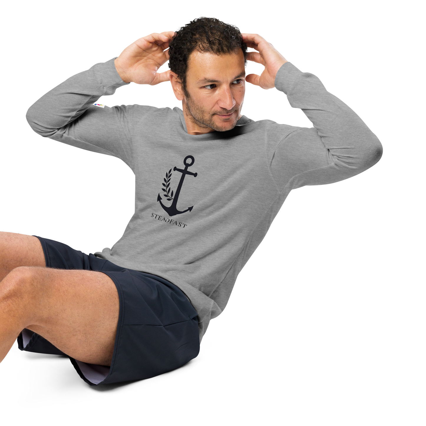 Spirit Wear mens gray inspirational long sleeve t-shirt with navy anchor graphic modeled doing sit ups