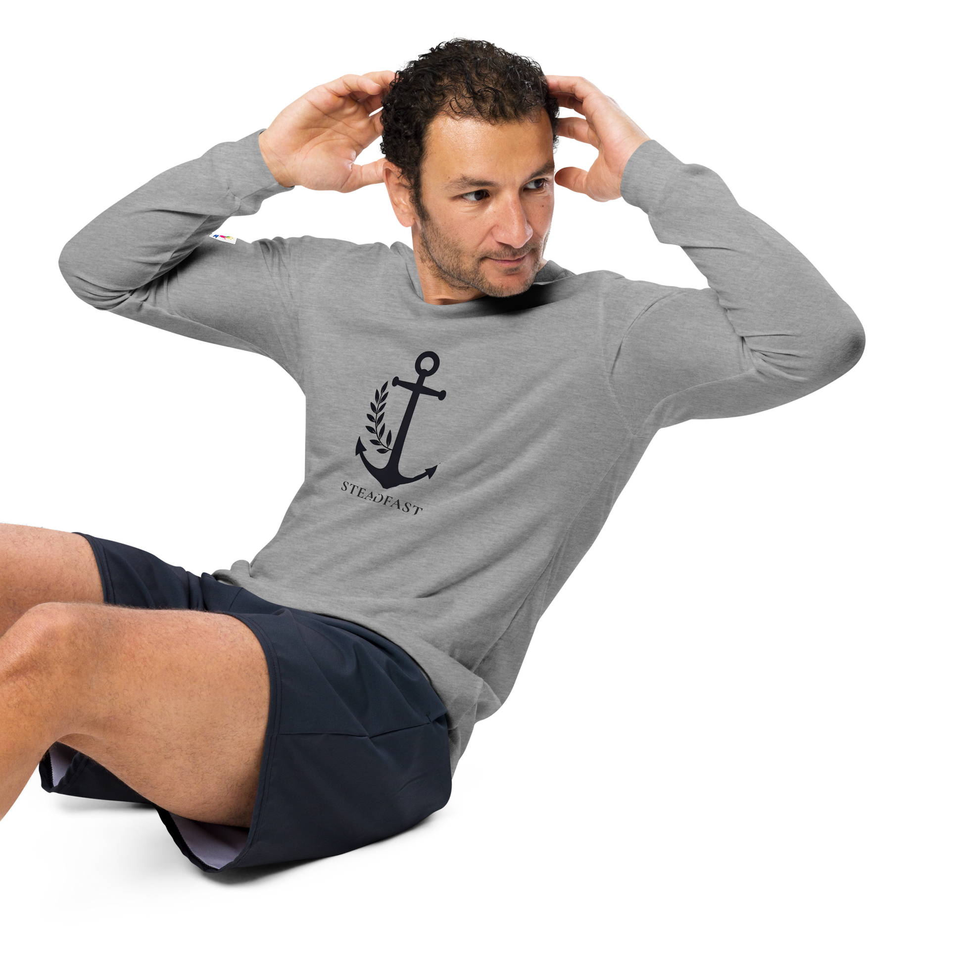 Spirit Wear mens gray inspirational long sleeve t-shirt with navy anchor graphic modeled doing sit ups