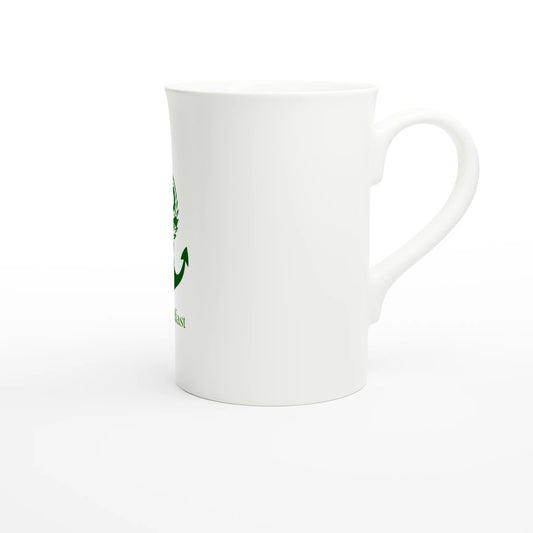 Spirit Wear white ceramic inspirational slim mug with glossy finish and green emblem ergonomic handle