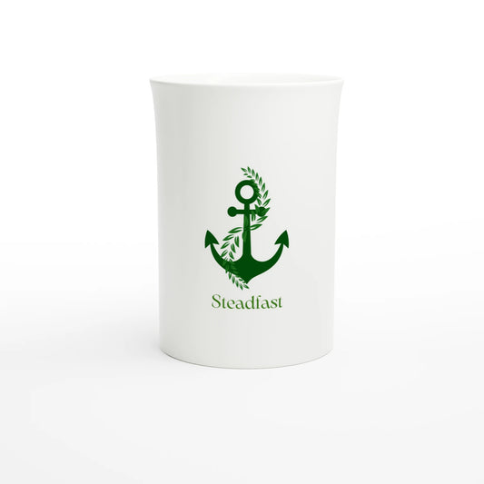 Spirit Wear inspirational slim mug white ceramic with green anchor and Steadfast text for daily coffee