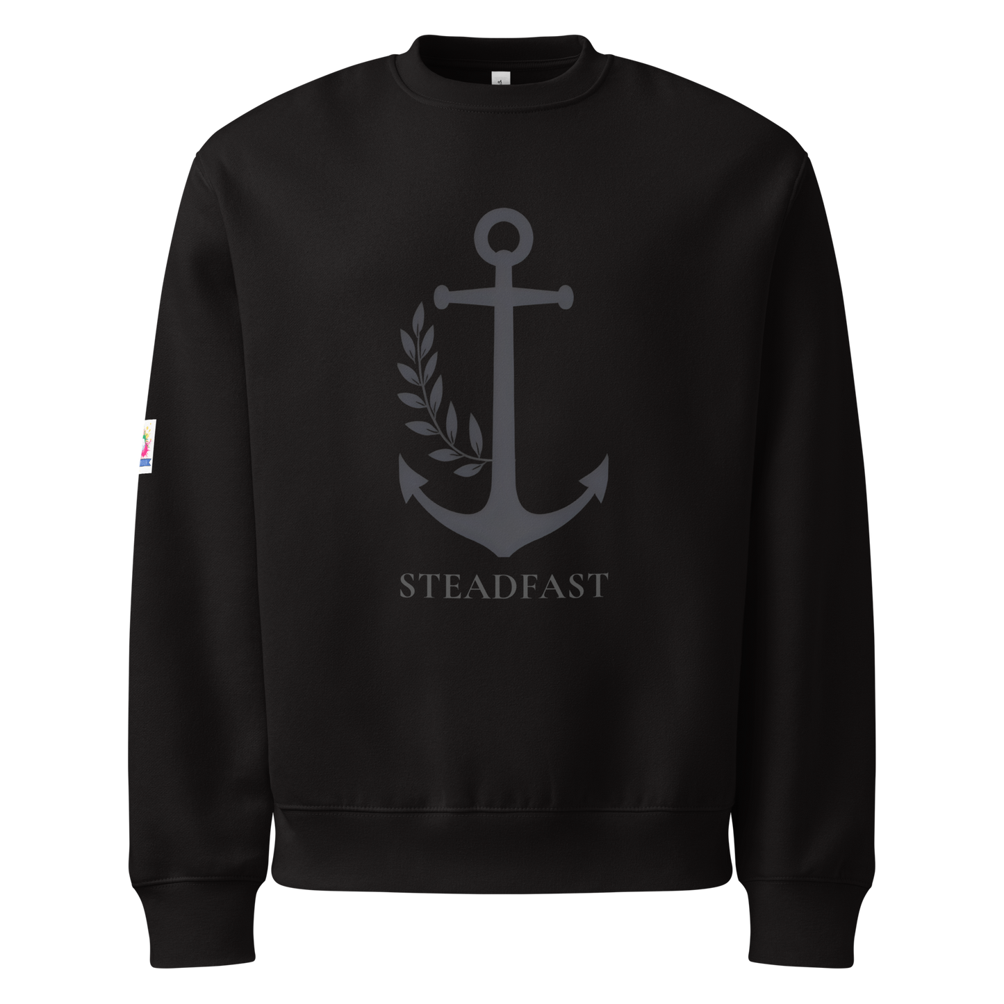 Black oversized anchor heavyweight Christian sweatshirt by Spirit Wear featuring gray anchor and Steadfast print