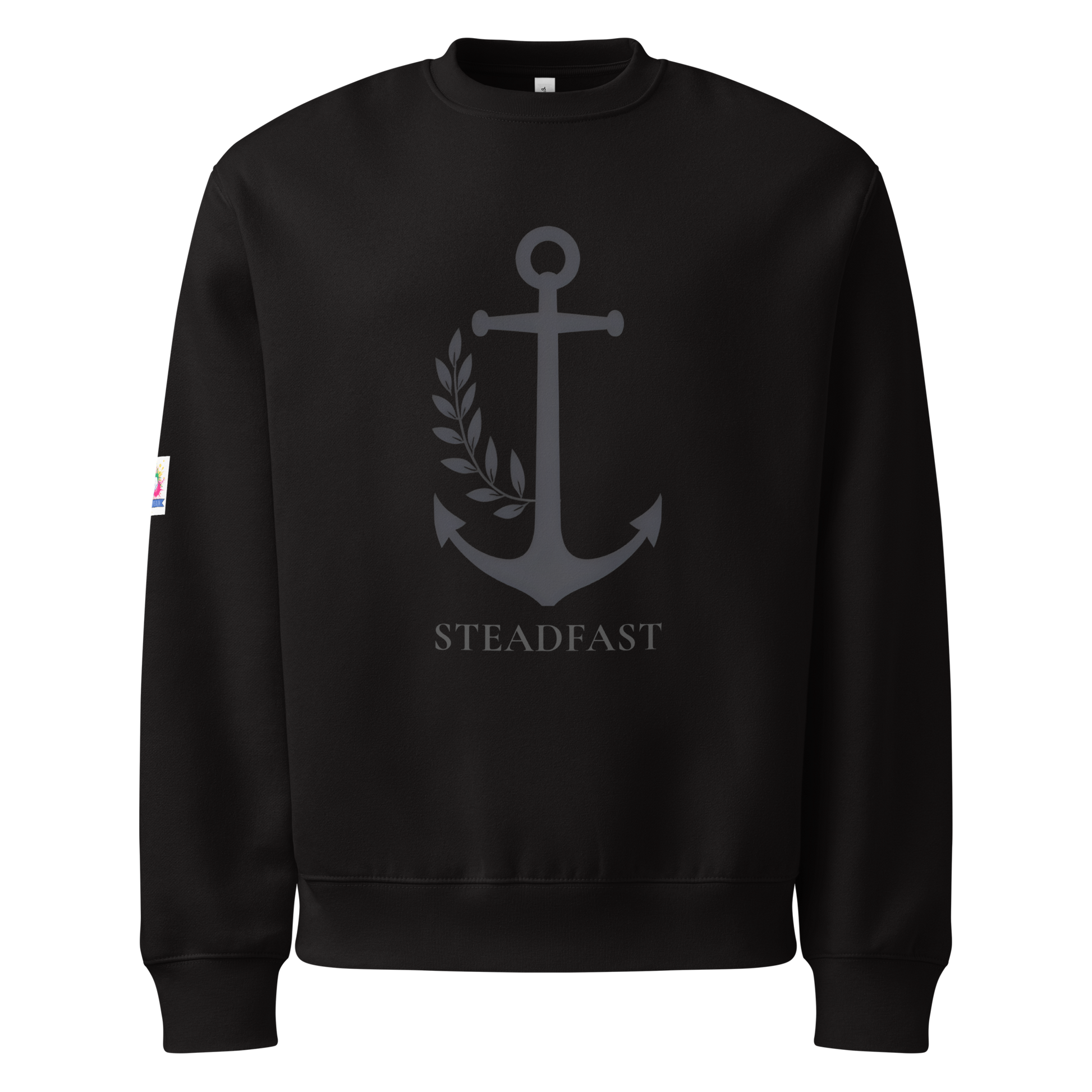 Black oversized anchor heavyweight Christian sweatshirt by Spirit Wear featuring gray anchor and Steadfast print