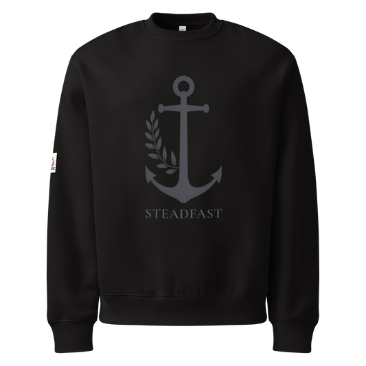 Black oversized anchor heavyweight Christian sweatshirt by Spirit Wear featuring gray anchor and Steadfast print