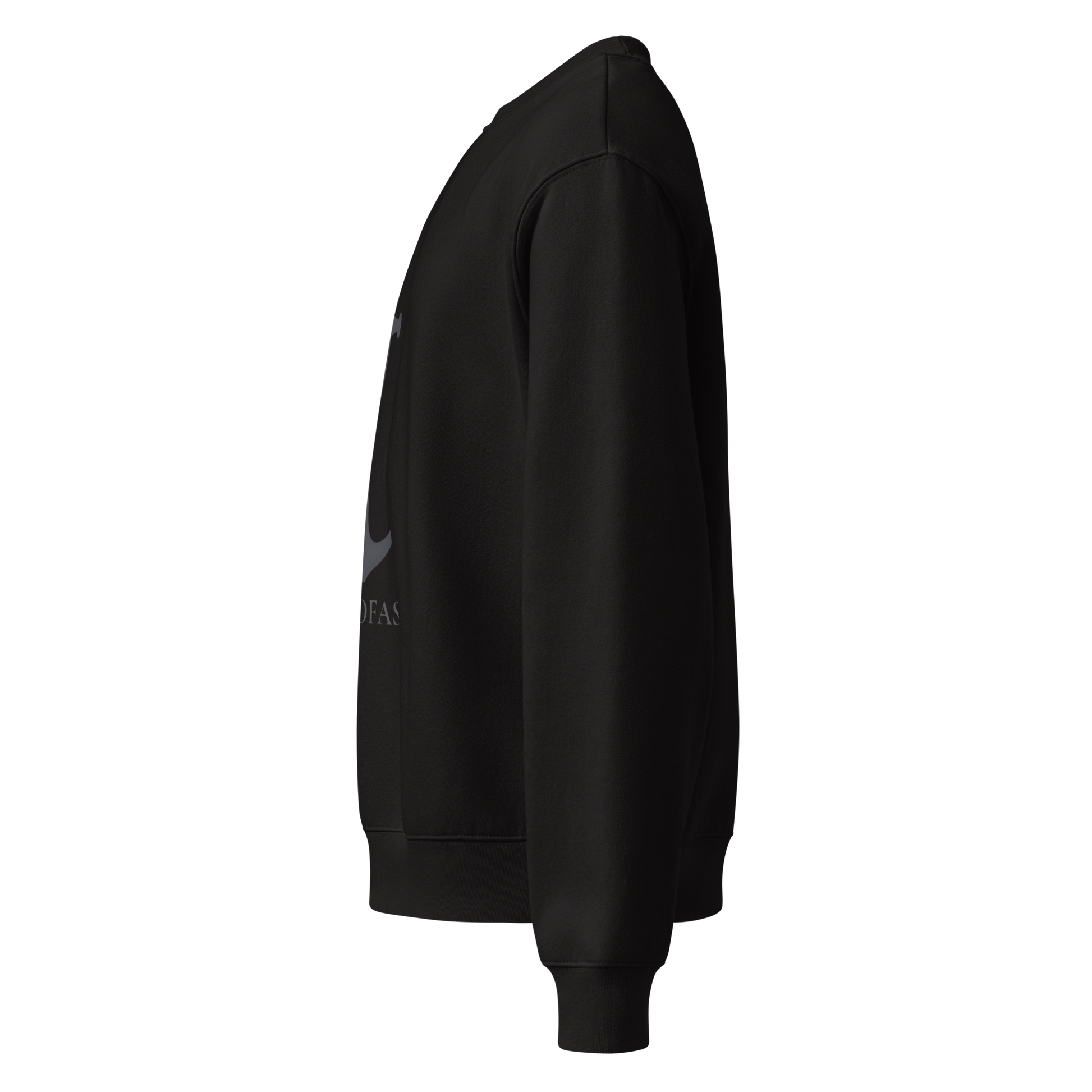 Black oversized anchor heavyweight Christian sweatshirt side view showing anchor graphic and ribbed cuffs