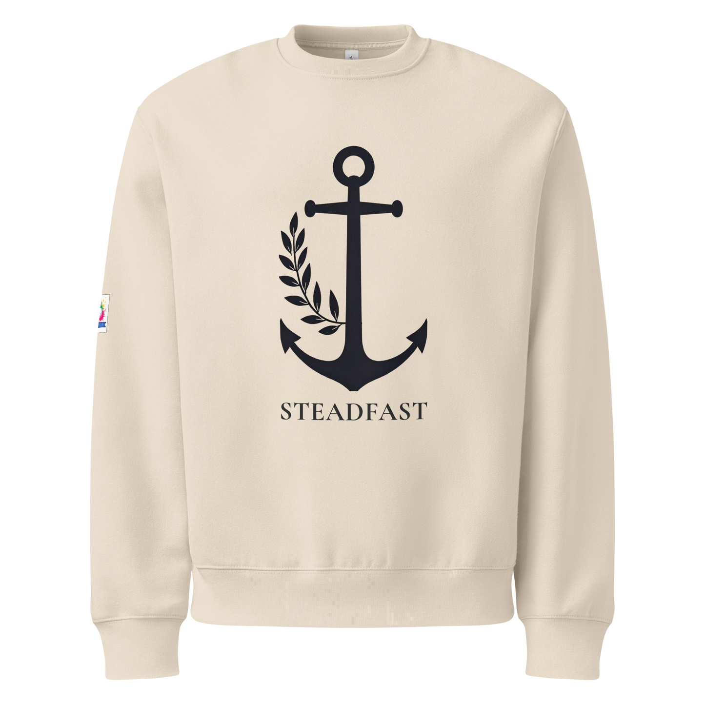 Beige crewneck oversized anchor heavyweight Christian sweatshirt with black anchor and STEADFAST text