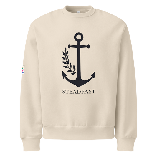 Beige crewneck oversized anchor heavyweight Christian sweatshirt with black anchor and STEADFAST text