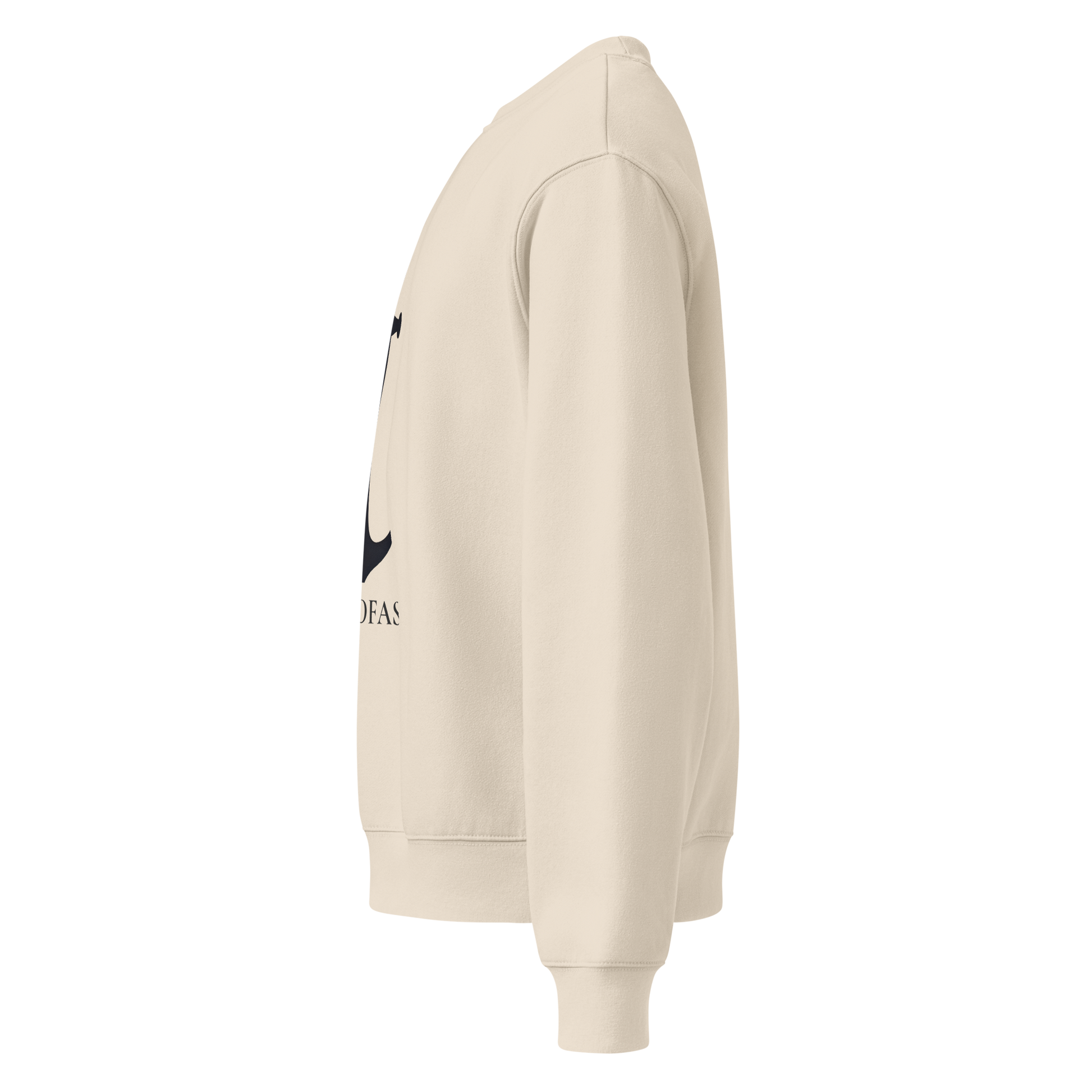 Spirit Wear oversized anchor heavyweight Christian sweatshirt side view in cream showing anchor print and ribbed cuff