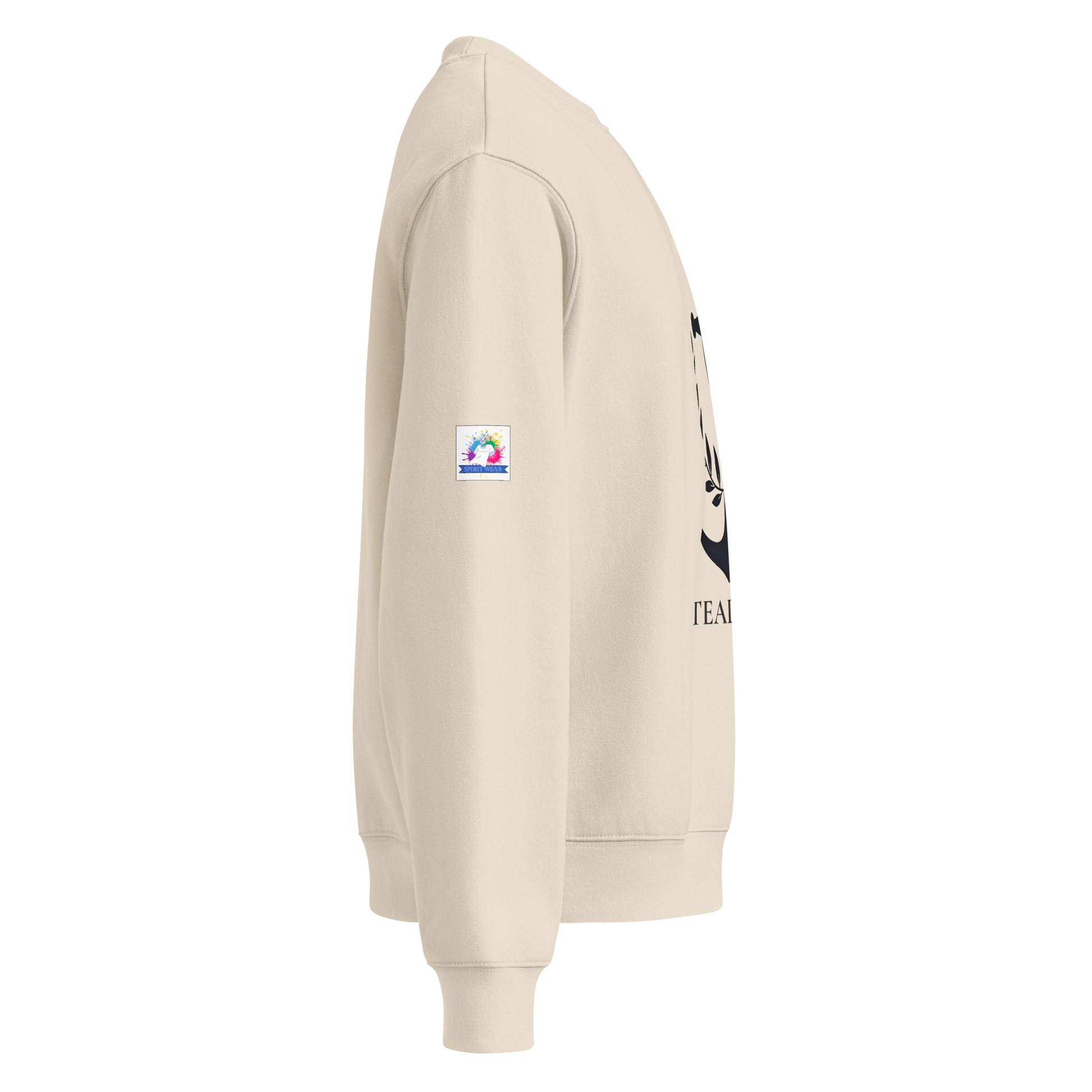 Beige side view oversized anchor heavyweight Christian sweatshirt with ribbed cuffs and sleeve patch
