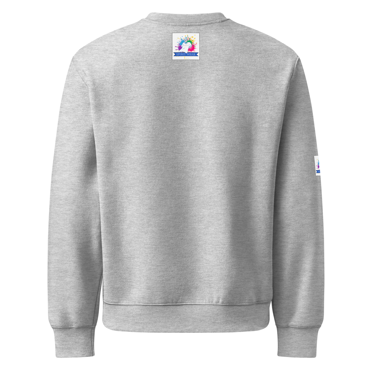 Gray crewneck back view with small colorful logo and sleeve tag Spirit Wear oversized anchor heavyweight Christian sweatshirt