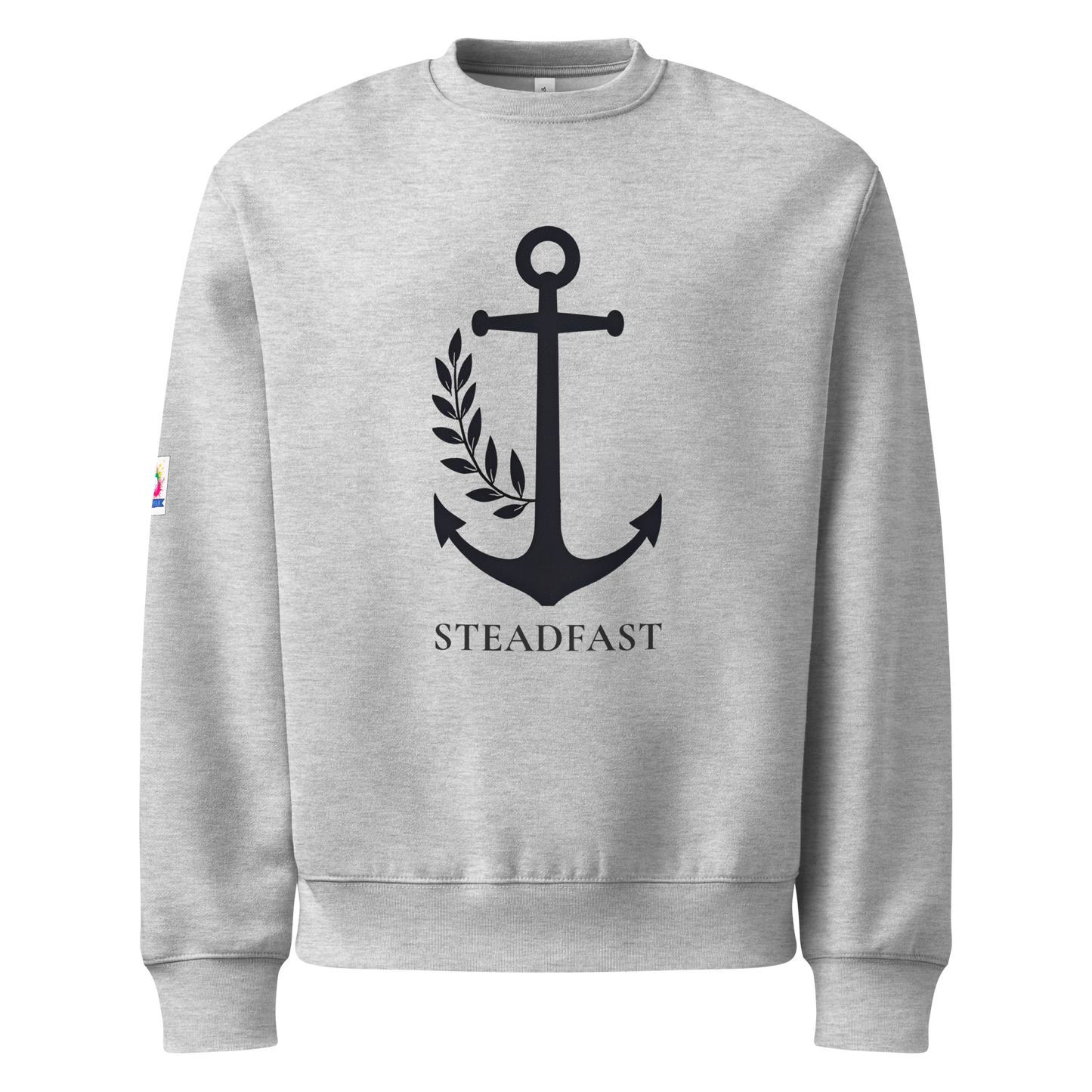 Spirit Wear gray crewneck with black anchor and laurel design and STEADFAST text oversized anchor heavyweight Christian sweatshirt