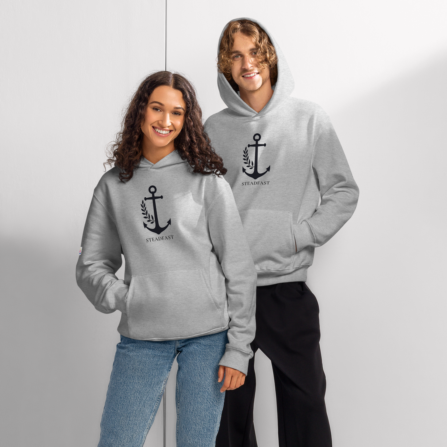 Spirit Wear oversized religious hoodie for adults gray unisex pullover with black anchor Steadfast logo