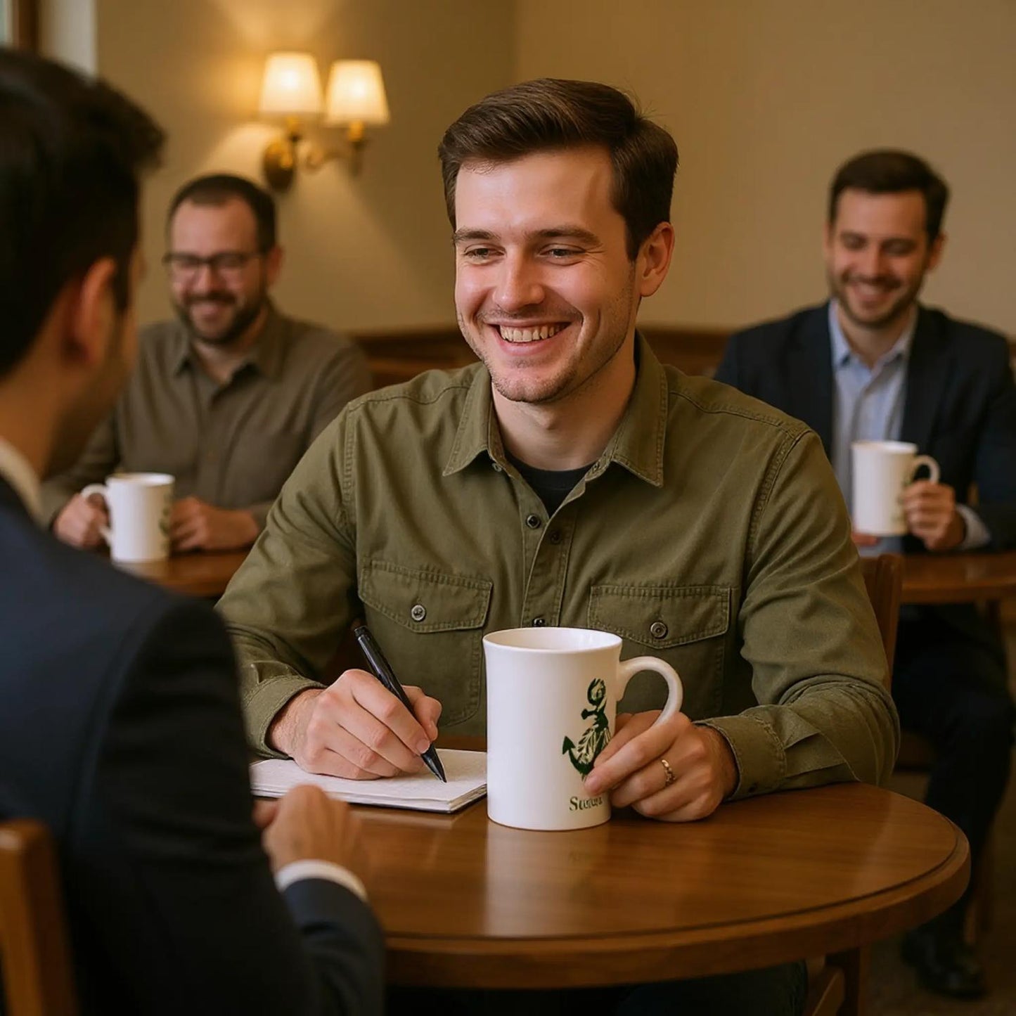 Peace Pack Collection slim mug by Spirit Wear held by smiling man in cafe setting with notebook