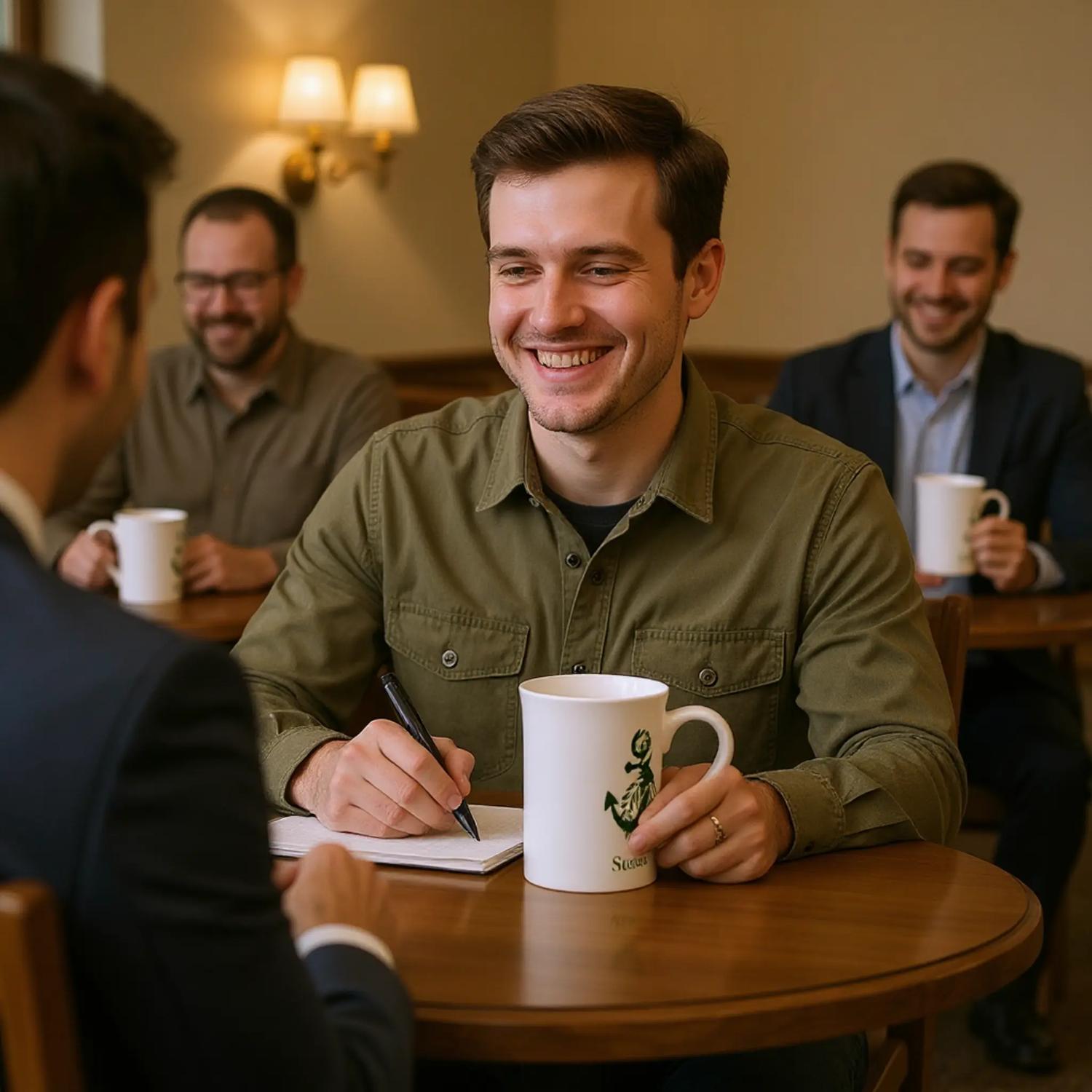Peace Pack Collection slim mug by Spirit Wear held by smiling man in cafe setting with notebook