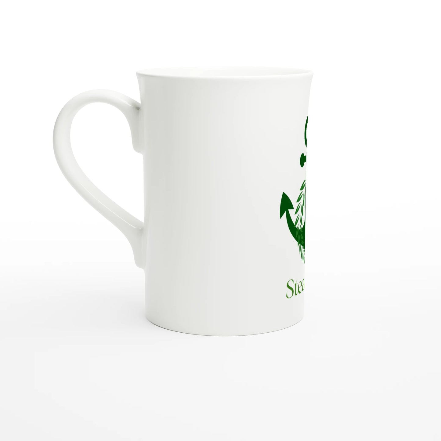 Spirit Wear white ceramic mug with handle and green crest logo partial view Peace Pack Collection slim mug