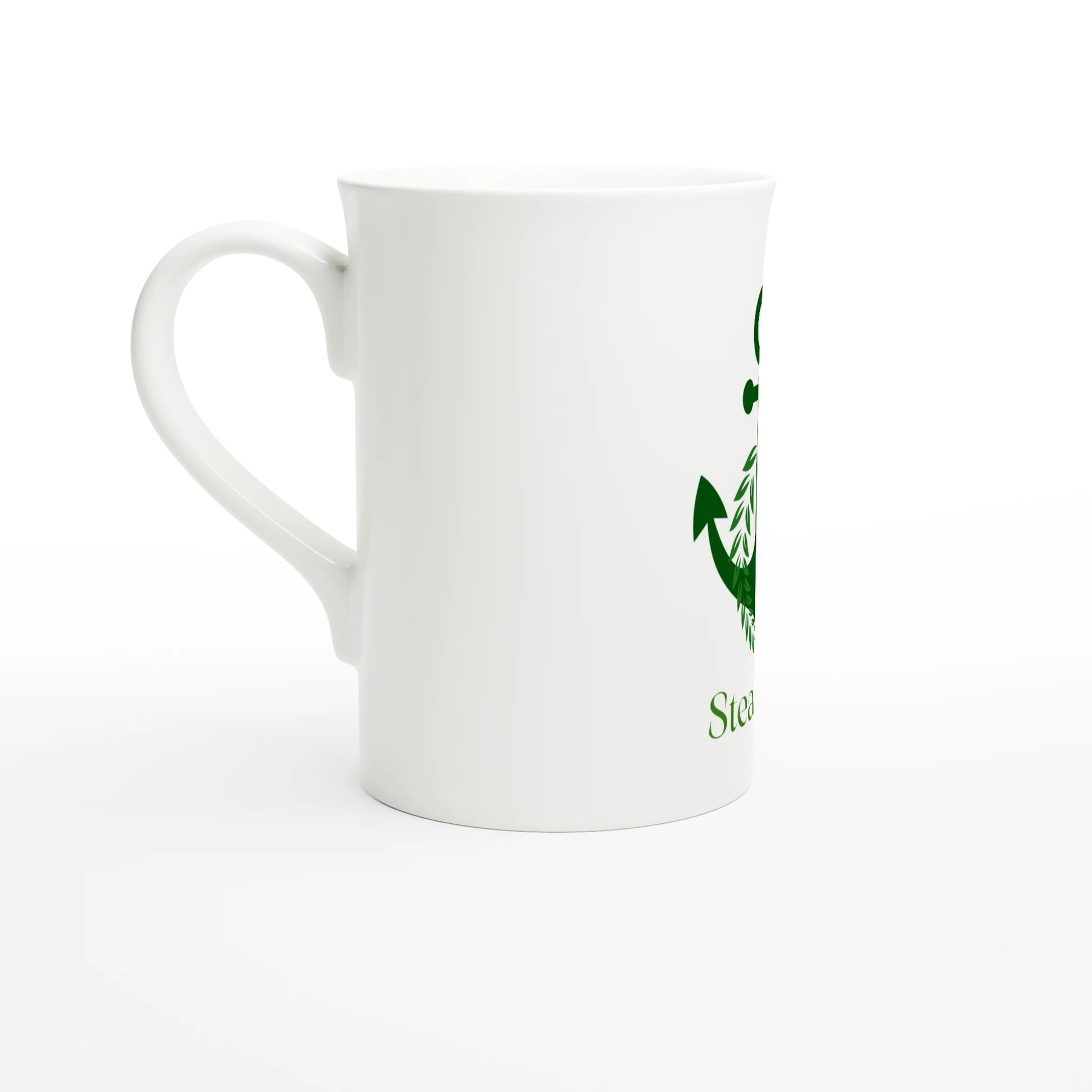 Spirit Wear white ceramic mug with handle and green crest logo partial view Peace Pack Collection slim mug