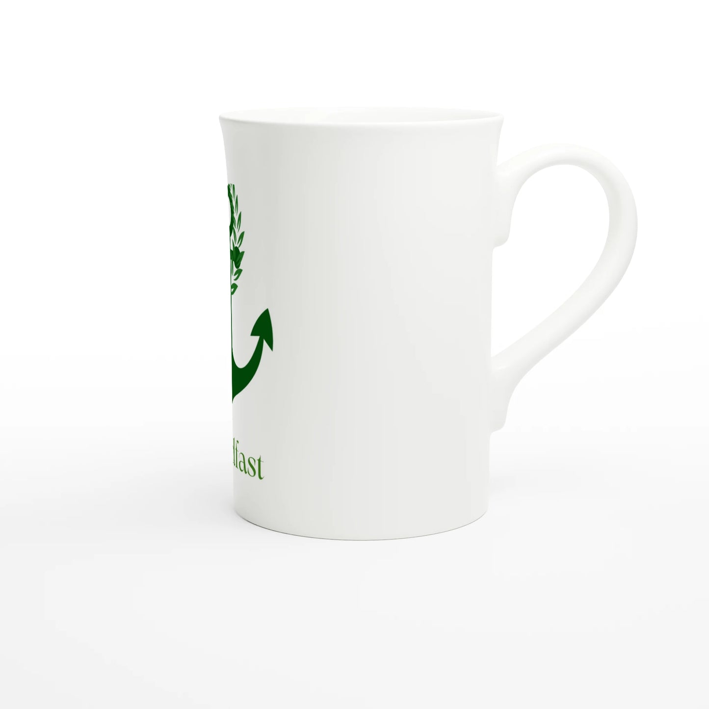 White ceramic Spirit Wear Peace Pack Collection slim mug with green anchor wreath graphic and curved handle