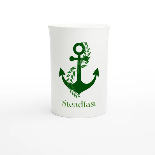 Peace Pack Collection slim mug white ceramic with green anchor wreath graphic and Steadfast text by Spirit Wear