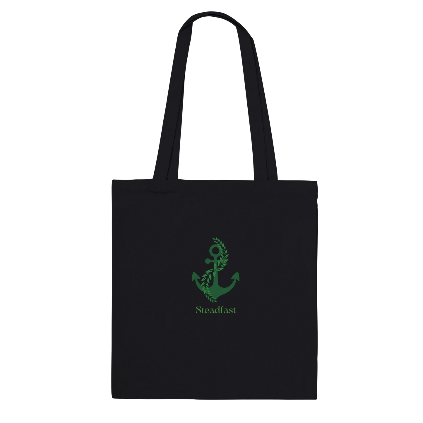 Spirit Wear black tote with long handles featuring green anchor leaf design and Steadfast text peace pack collection tote