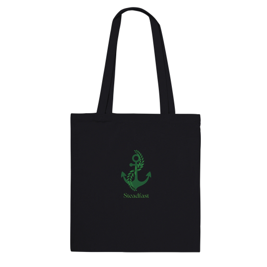 Spirit Wear black tote with long handles featuring green anchor leaf design and Steadfast text peace pack collection tote