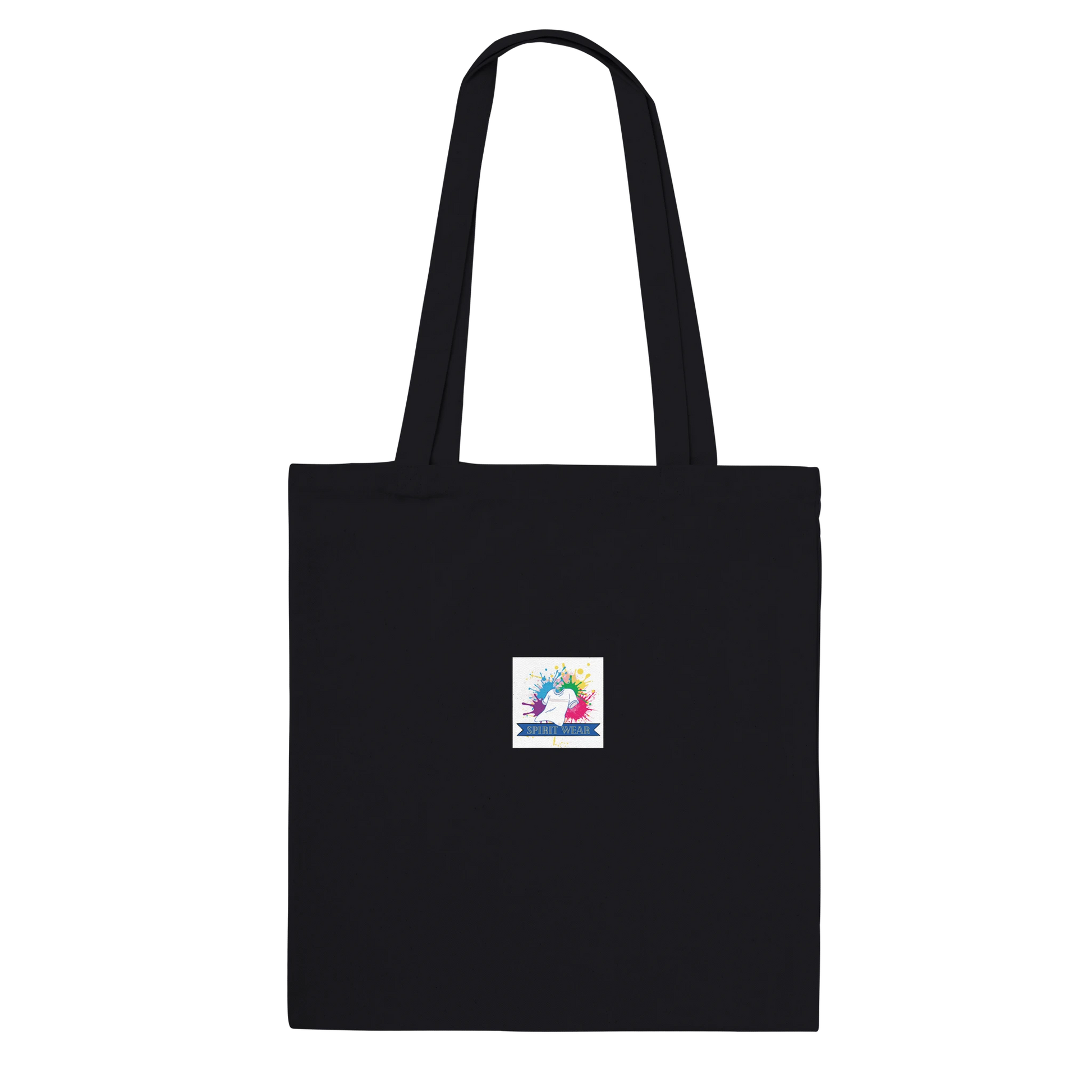 Black cotton Spirit Wear peace pack collection tote with long shoulder straps and small colorful center logo