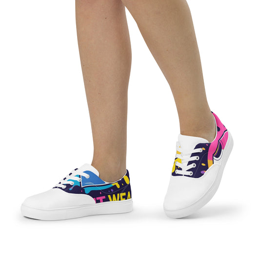 Colorful women's christian canvas shoes by Spirit Wear with white soles and laces on model's feet