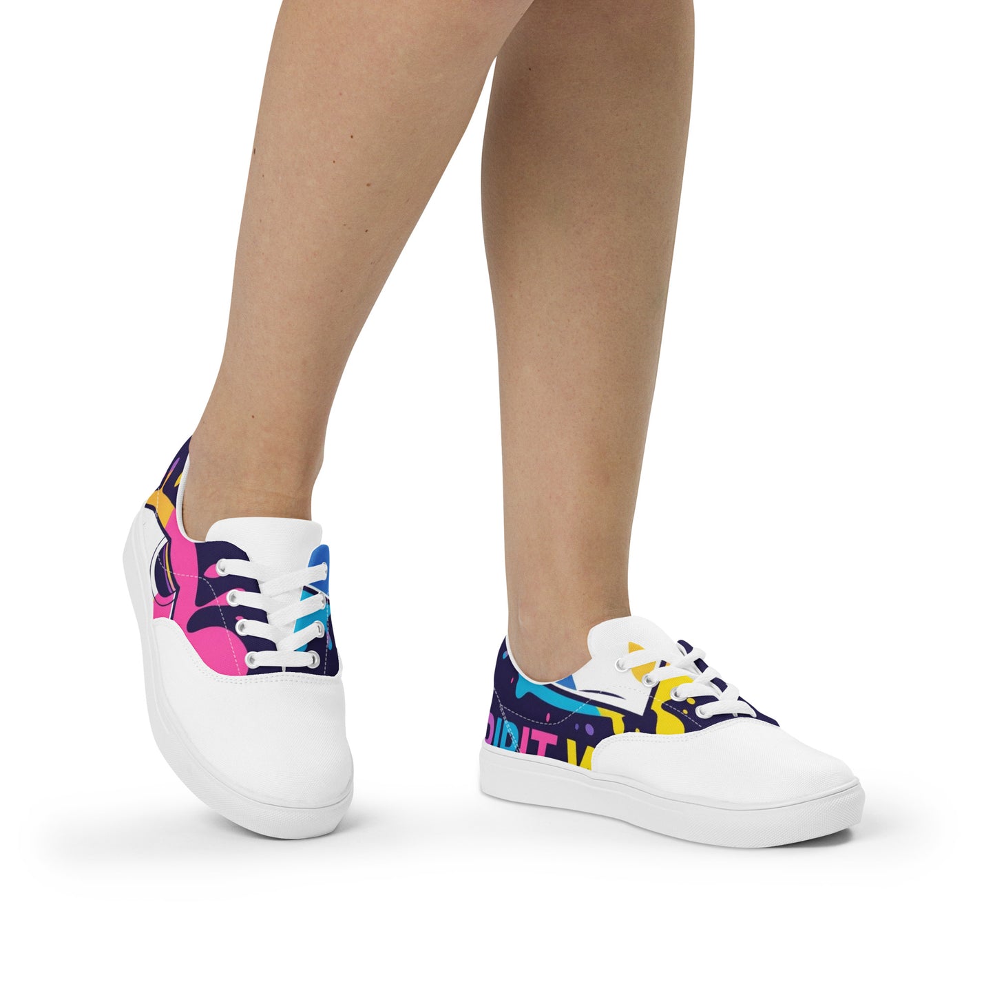 Spirit Wear women's christian canvas shoes with colorful abstract design and white soles