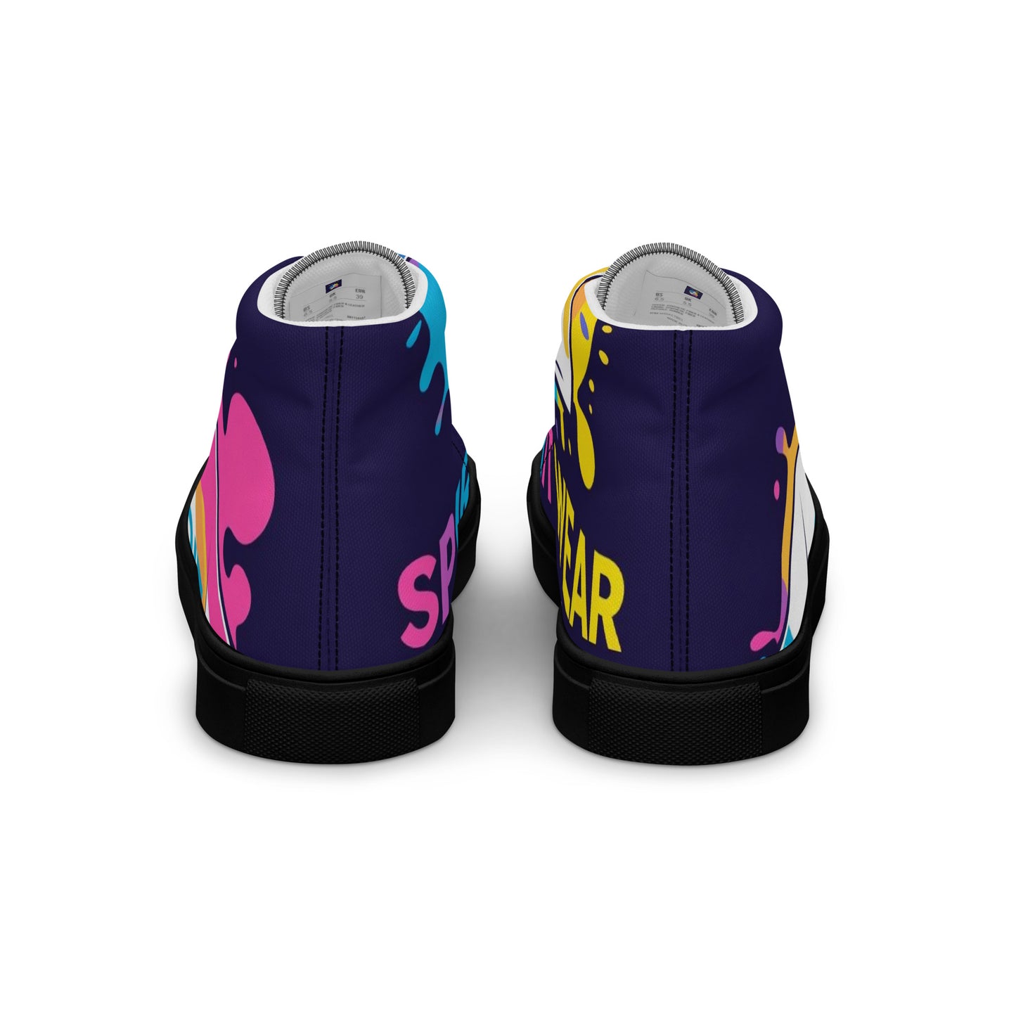 Back view of women's Christian high top sneakers by Spirit Wear with colorful splash design