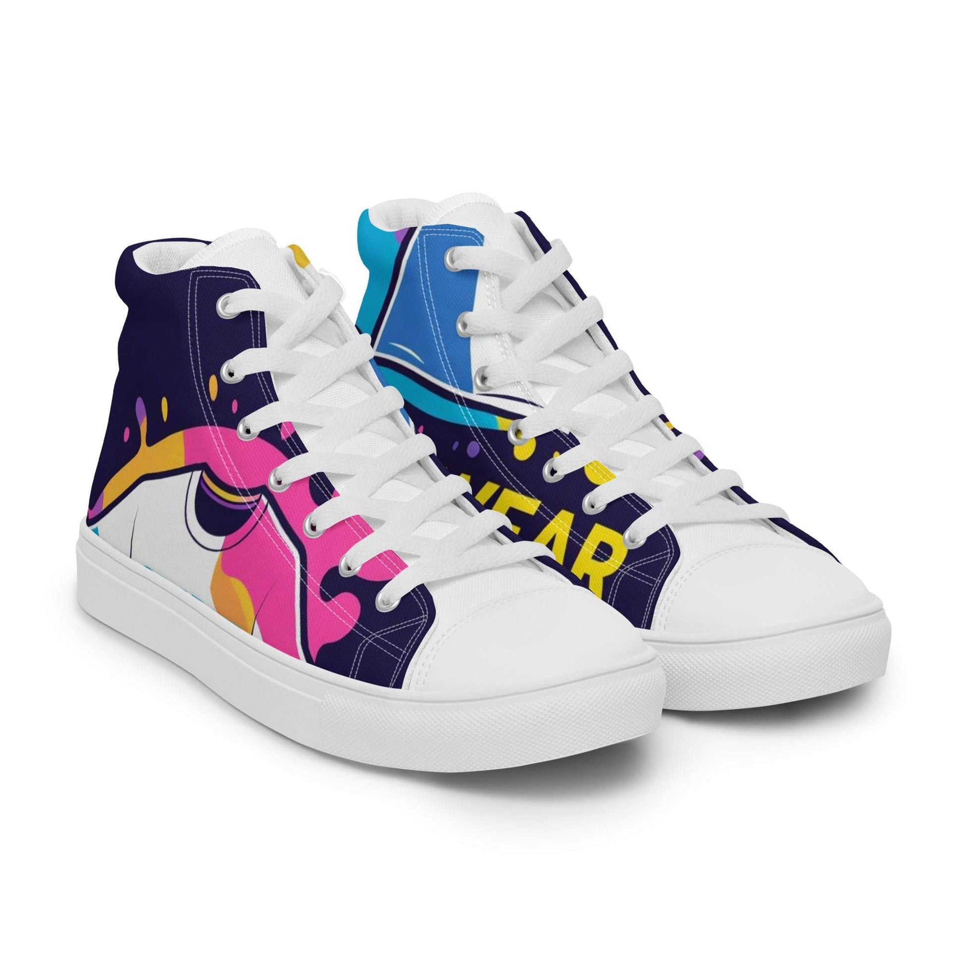 Colorful women's Christian high top sneakers with white laces and vibrant graphic design