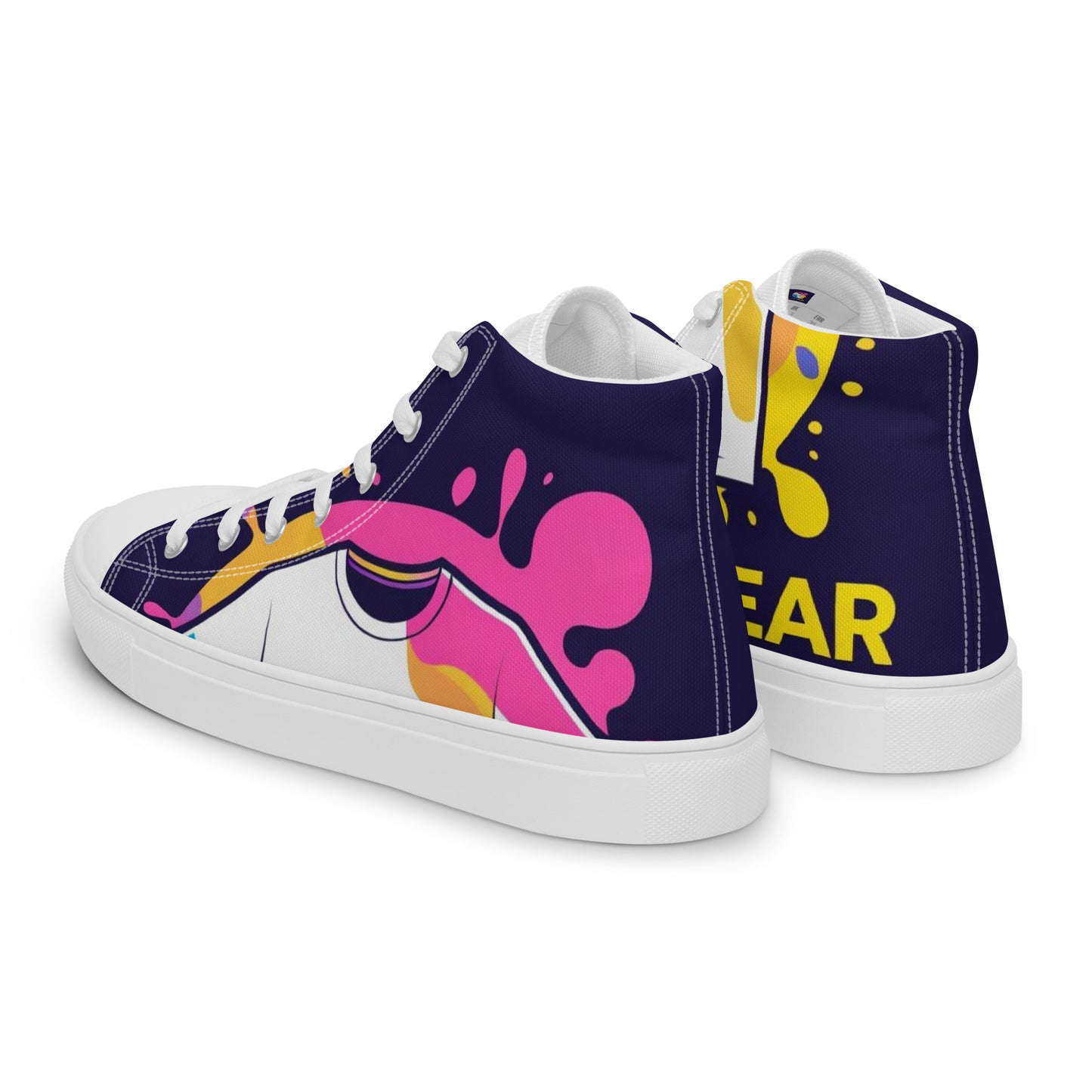 Spirit Wear women's Christian high top sneakers with colorful abstract design and white soles